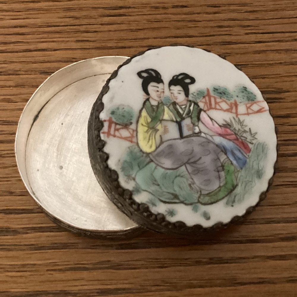 Vintage silver plated small porcelain trinket box